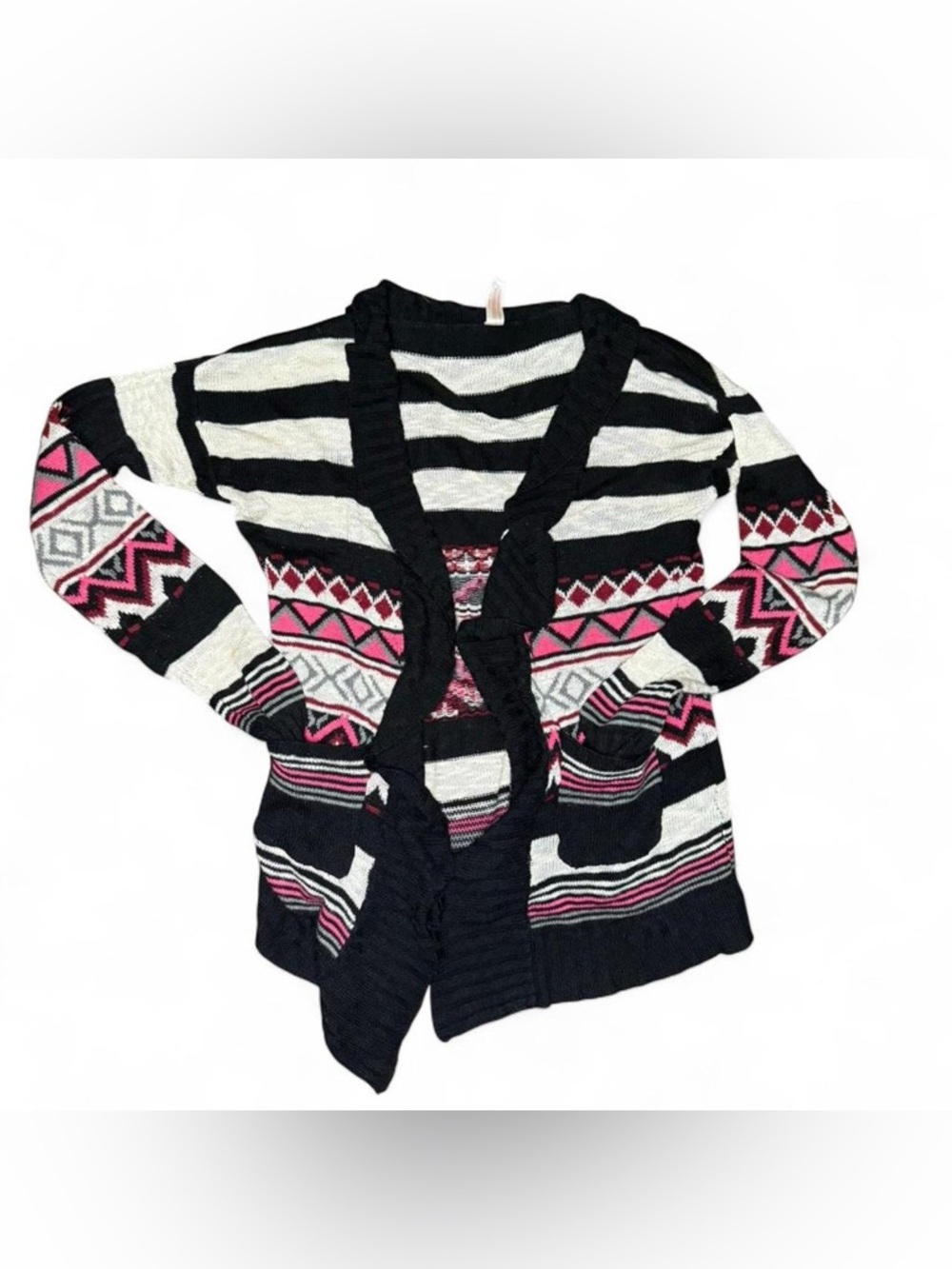 No Boundaries Black, White & Pink Geometric Open Cardigan